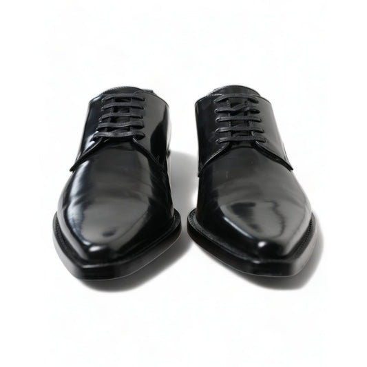 Dolce & Gabbana Black Leather Lace Up Formal Flats Shoes
