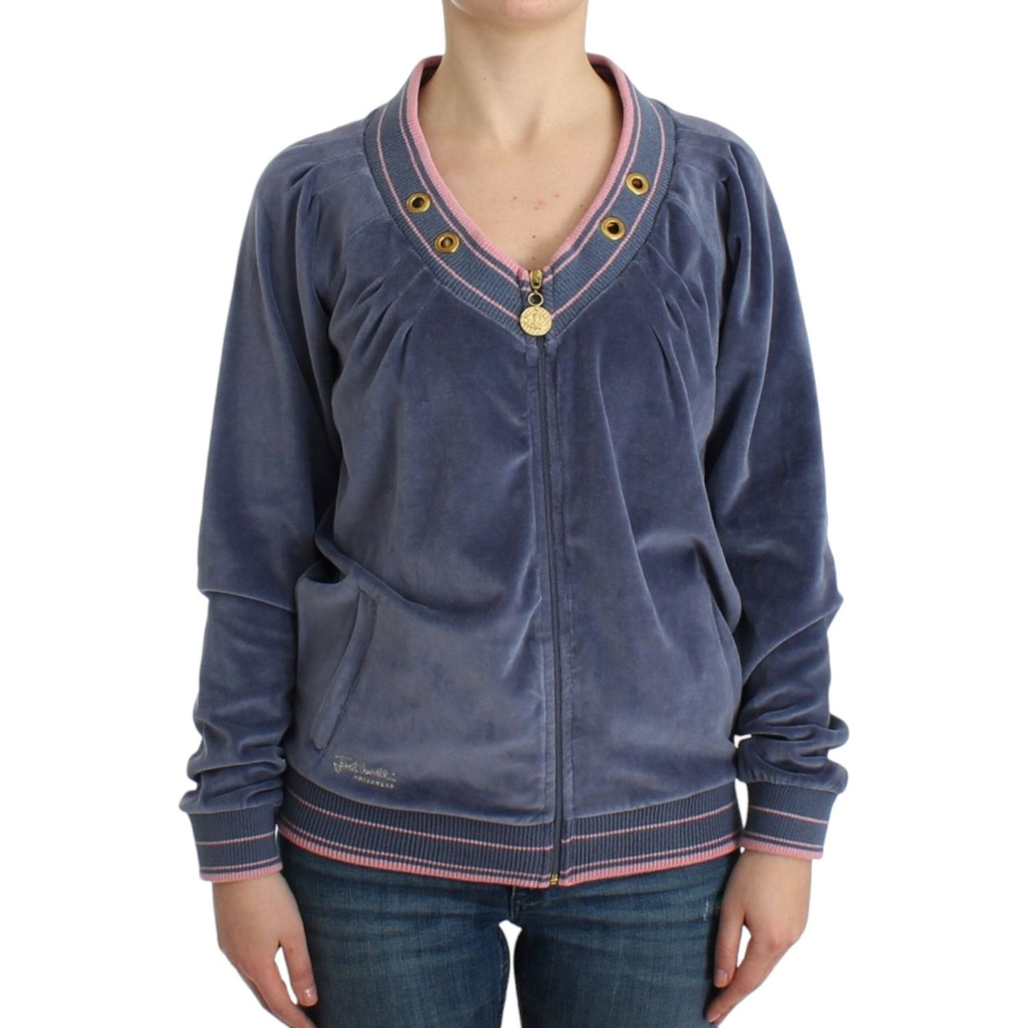 Cavalli Blue velvet zipup sweater1728,20% Polyester,67345645728,Blue,Cardigans - Sweaters - Clothing,Cavalli,Clothing,IT44|L,IT46|XL,Material: 80% Cotton,New with tags,Sweaters - Clothing,Sweaters - Women - Clothing,Women,Women - Clothing