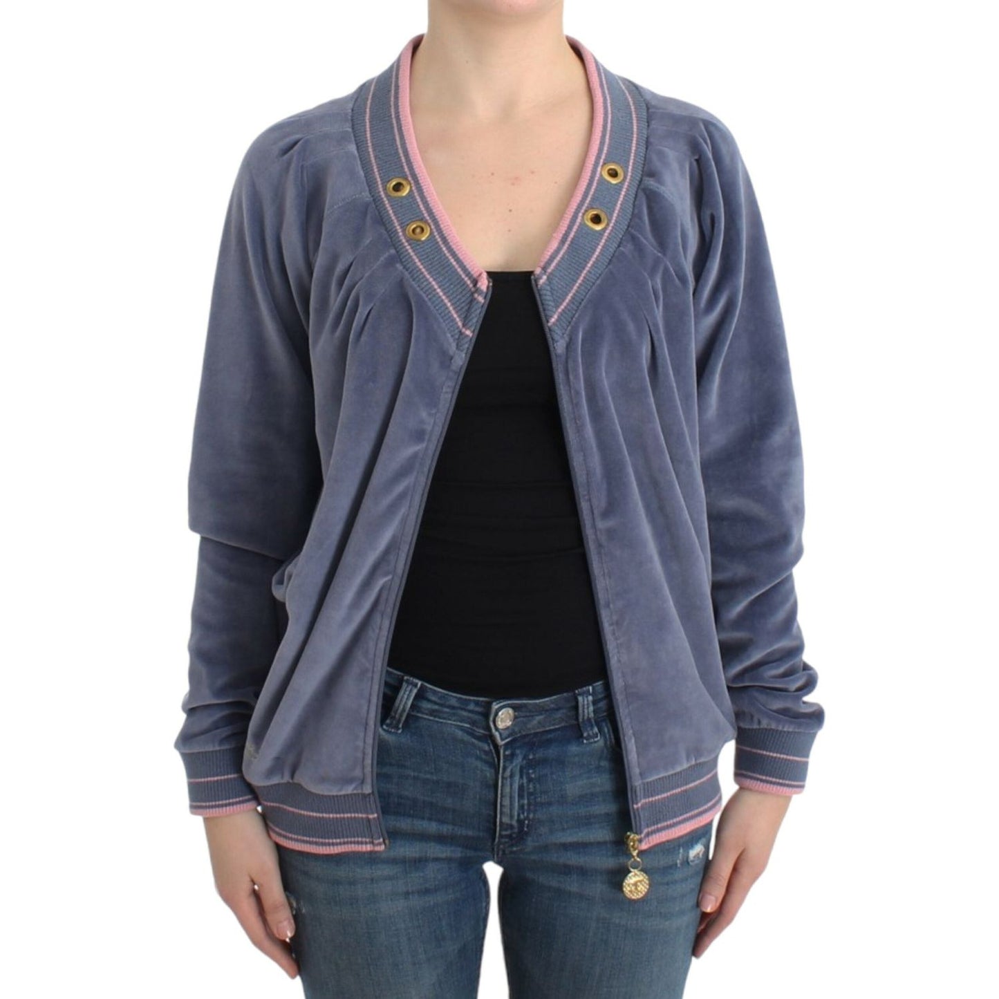 Cavalli Blue velvet zipup sweater1728,20% Polyester,67345645728,Blue,Cardigans - Sweaters - Clothing,Cavalli,Clothing,IT44|L,IT46|XL,Material: 80% Cotton,New with tags,Sweaters - Clothing,Sweaters - Women - Clothing,Women,Women - Clothing