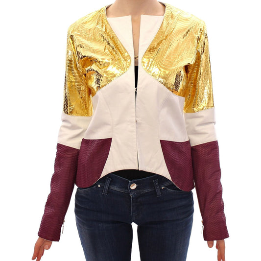 Vladimiro Gioia White Gold Purple Leather Jacket 1728,67345645728,Clothing,IT40|S,Jackets & Coats - Clothing,Jackets & Coats - Women - Clothing,Leather Jackets - Jackets & Coats - Clothing,Material: 100% Leather,New with tags,Vladimiro Gioia,White,Women,W
