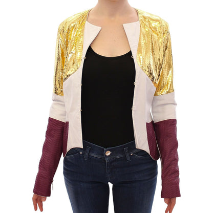 Vladimiro Gioia White Gold Purple Leather Jacket 1728,67345645728,Clothing,IT40|S,Jackets & Coats - Clothing,Jackets & Coats - Women - Clothing,Leather Jackets - Jackets & Coats - Clothing,Material: 100% Leather,New with tags,Vladimiro Gioia,White,Women,W