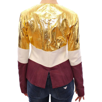 Vladimiro Gioia White Gold Purple Leather Jacket 1728,67345645728,Clothing,IT40|S,Jackets & Coats - Clothing,Jackets & Coats - Women - Clothing,Leather Jackets - Jackets & Coats - Clothing,Material: 100% Leather,New with tags,Vladimiro Gioia,White,Women,W