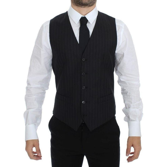 Dolce & Gabbana Black Striped Wool Silk Dress Vest Gilet 1728,40% Silk,67345645728,Black,Clothing,Dolce & Gabbana,IT44 | XS,Material: 60% Wool,Men,Men - Clothing,New with tags,Suits & Blazers - Clothing,Vests - Men - Clothing,Waistcoats - Suits & Blazers