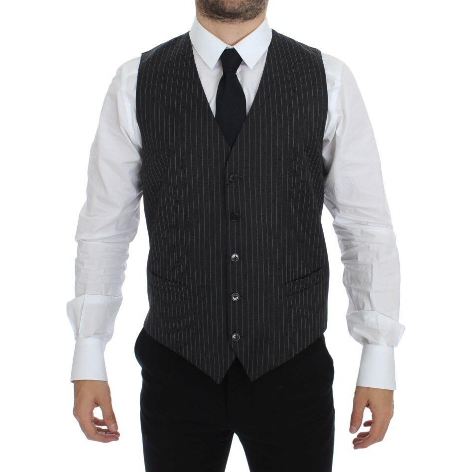 Dolce & Gabbana Gray Striped Wool Single Breasted Vest1728,67345645728,Clothing,Dolce & Gabbana,Gray,IT48 | M,Material: 100% Wool,Men,Men - Clothing,New with tags,Suits & Blazers - Clothing,Vests - Men - Clothing,Waistcoats - Suits & Blazers - Clothing
