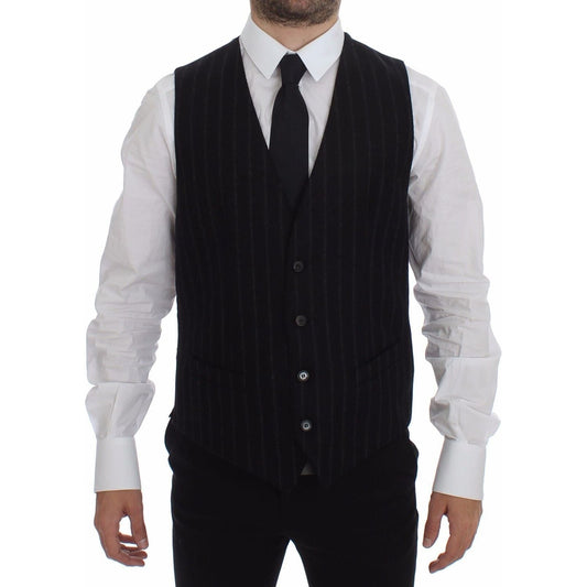 Dolce & Gabbana Black Striped Wool Logo Vest Gilet Weste1728,20% Nylon,67345645728,Black,Clothing,Dolce & Gabbana,IT48 | M,Material: 80% Wool,Men,Men - Clothing,New with tags,Suits & Blazers - Clothing,Vests - Men - Clothing,Waistcoats - Suits & Blazers -