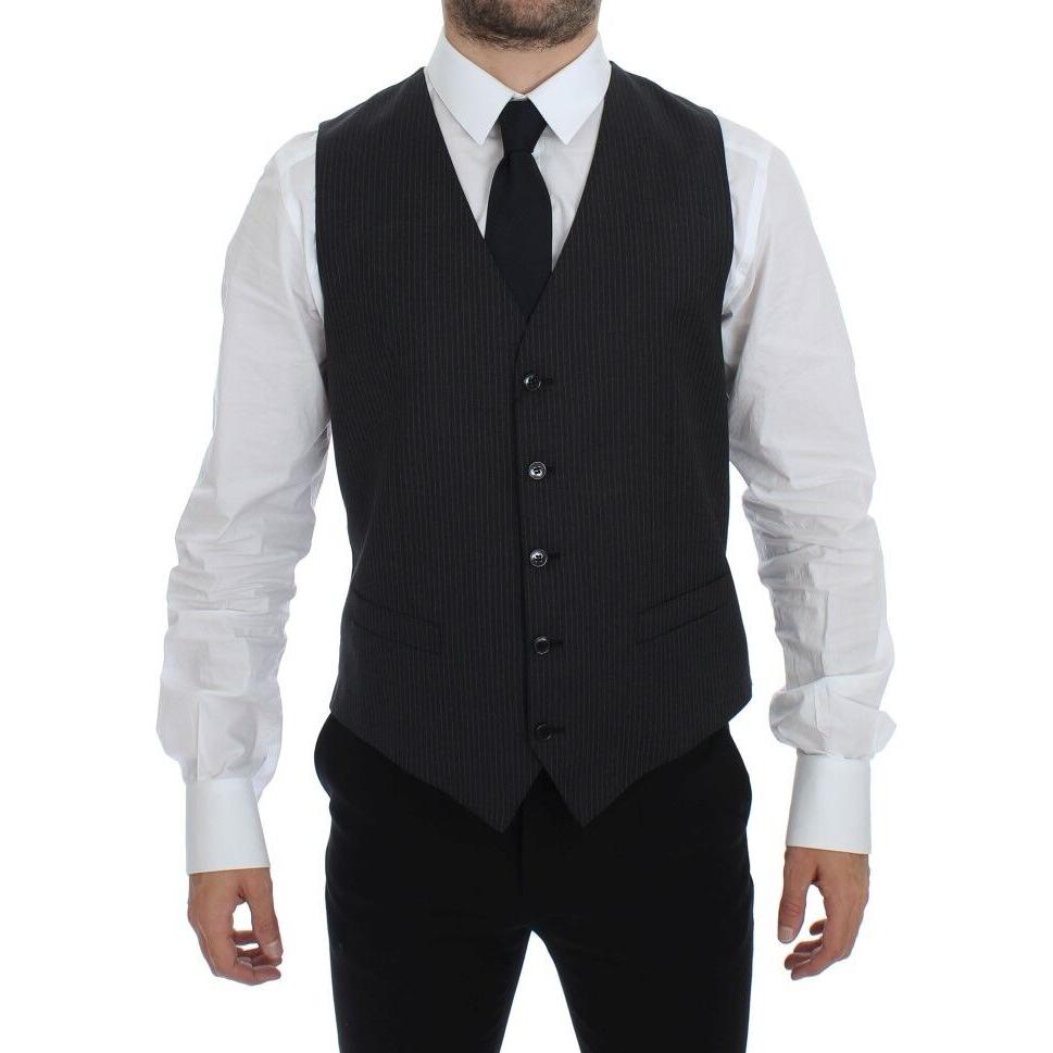 Dolce & Gabbana Gray Striped Wool Single Breasted Vest1728,67345645728,Clothing,Dolce & Gabbana,Gray,IT48 | M,Material: 100% Wool,Men,Men - Clothing,New with tags,Suits & Blazers - Clothing,Vests - Men - Clothing,Waistcoats - Suits & Blazers - Clothing