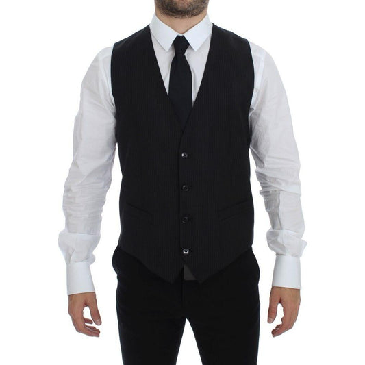 Dolce & Gabbana Black Striped Wool Single Breasted Vest1728,67345645728,Black,Clothing,Dolce & Gabbana,IT48 | M,Material: 100% Wool,Men,Men - Clothing,New with tags,Suits & Blazers - Clothing,Vests - Men - Clothing,Waistcoats - Suits & Blazers - Clothing