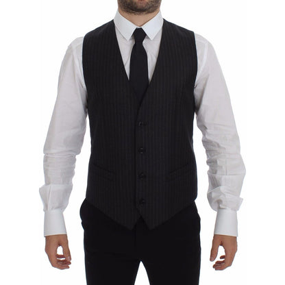 Dolce & Gabbana Gray Striped Wool Logo Vest Gilet Vests