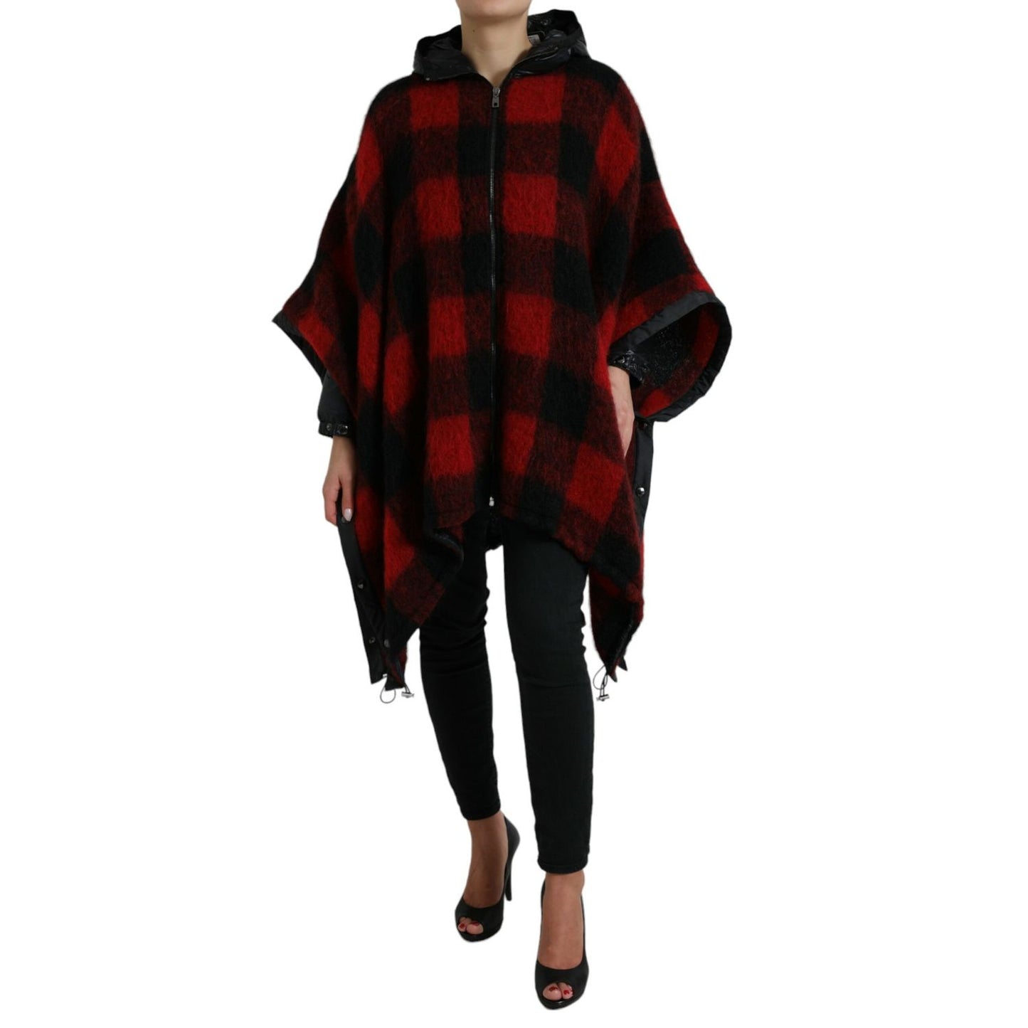 Dolce & Gabbana Black Red Buffalo Check Hooded Poncho Jacket 1728,67345645728,Black and Red,Cloaks - Jackets & Coats - Clothing,Clothing,Dolce & Gabbana,IT40|S,Jackets & Coats - Clothing,Jackets & Coats - Women - Clothing,Material: 30% Polyester Film Fibe