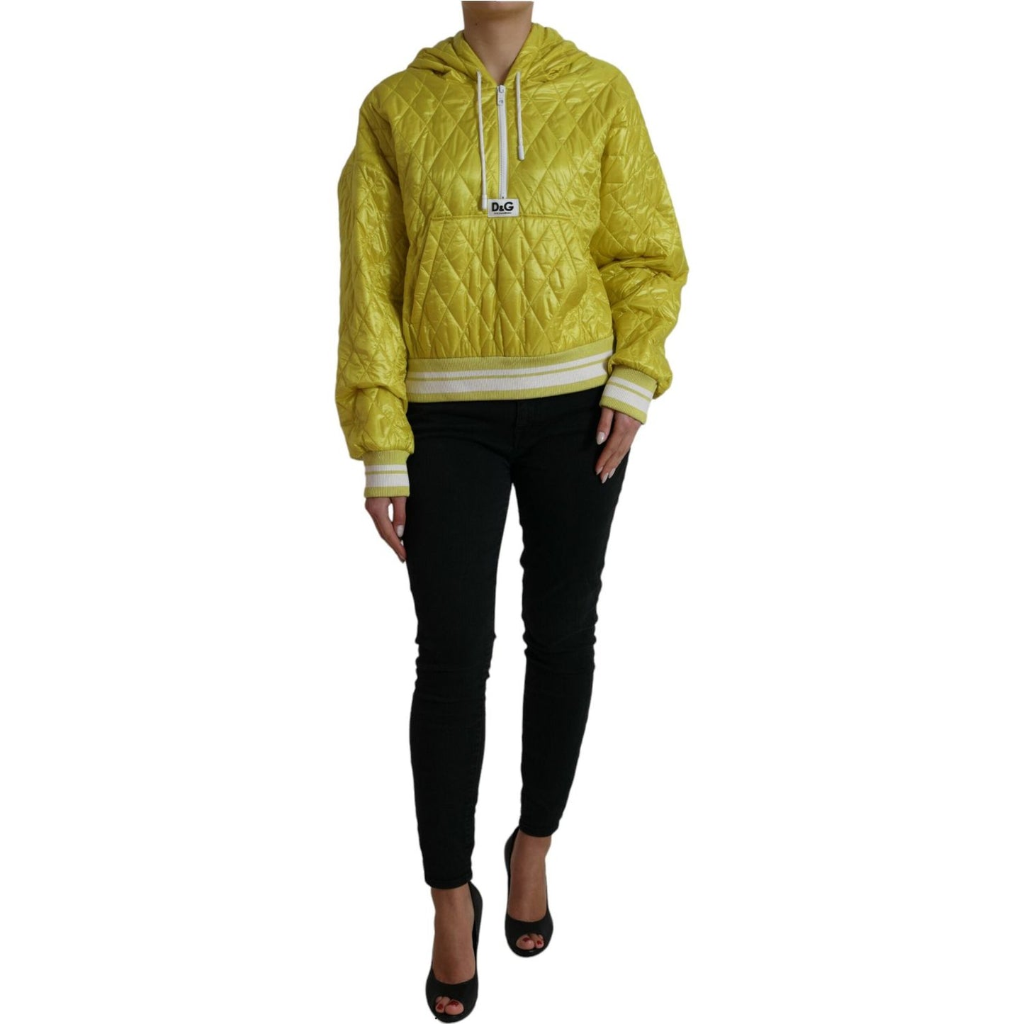 Dolce & Gabbana Yellow Nylon Quilted Hooded Pullover Jacket 1728,67345645728,Bombers - Jackets & Coats - Clothing,Clothing,Dolce & Gabbana,IT40|S,Jackets & Coats - Clothing,Jackets & Coats - Women - Clothing,Material: 100% Nylon,New with tags,Women,Women
