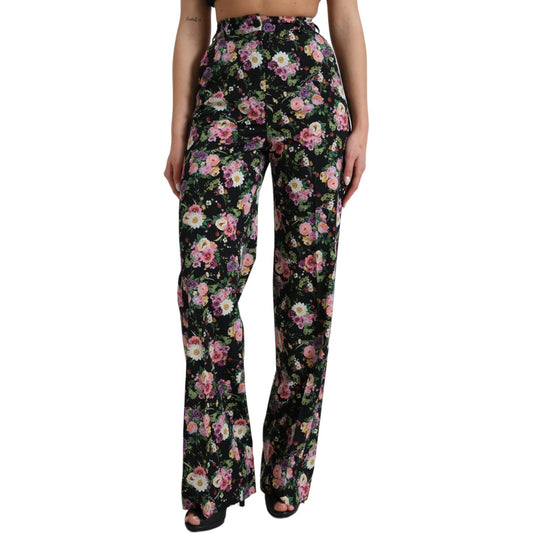 Dolce & Gabbana Black Floral Wool High Waist Wide Leg Pants PAN74959-40