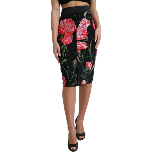 Dolce & Gabbana Black Carnation Pencil Cut Knee Length Skirt SKI1935-36