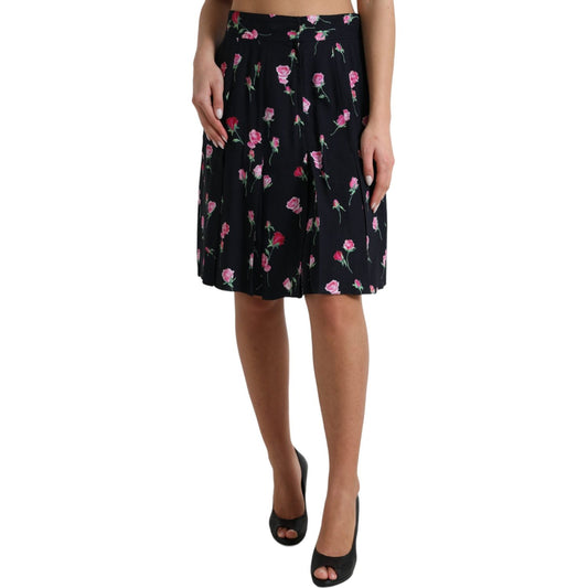 Dolce & Gabbana Black Rose High Waist A-line Knee Length Skirt SKI1947-40