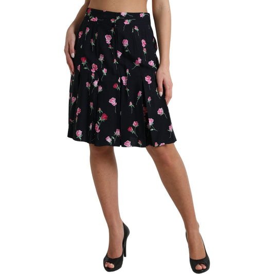 Dolce & Gabbana Black Rose High Waist A-line Knee Length Skirt SKI1947-40