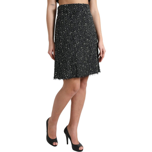 Dolce & Gabbana Black Wool Knit Tweed High Waist Mini Skirt SKI1948-40