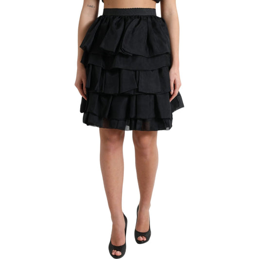 Dolce & Gabbana Black Tiered Aline High Waist Silk Mini Skirt SKI1949-40