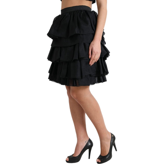 Dolce & Gabbana Black Tiered Aline High Waist Silk Mini Skirt SKI1949-40