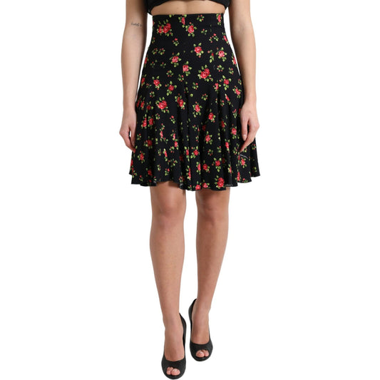 Dolce & Gabbana Black Rose Print High Waist A-line Mini Skirt SKI1950-40