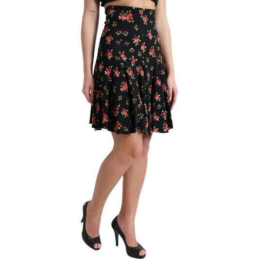 Dolce & Gabbana Black Rose Print High Waist A-line Mini Skirt SKI1950-40