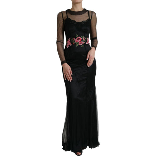 Dolce & Gabbana Black Floral Embroidery Mesh Tulle Gown Dress DR281079-40