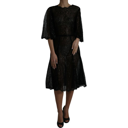 Dolce & Gabbana Black Floral Lace Sheer A-line Midi Dress DR281116-48