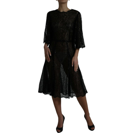 Dolce & Gabbana Black Floral Lace Sheer A-line Midi Dress DR281116-48