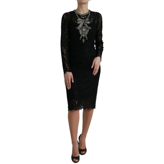 Dolce & Gabbana Black Lace Crystal Embellished Sheath Dress