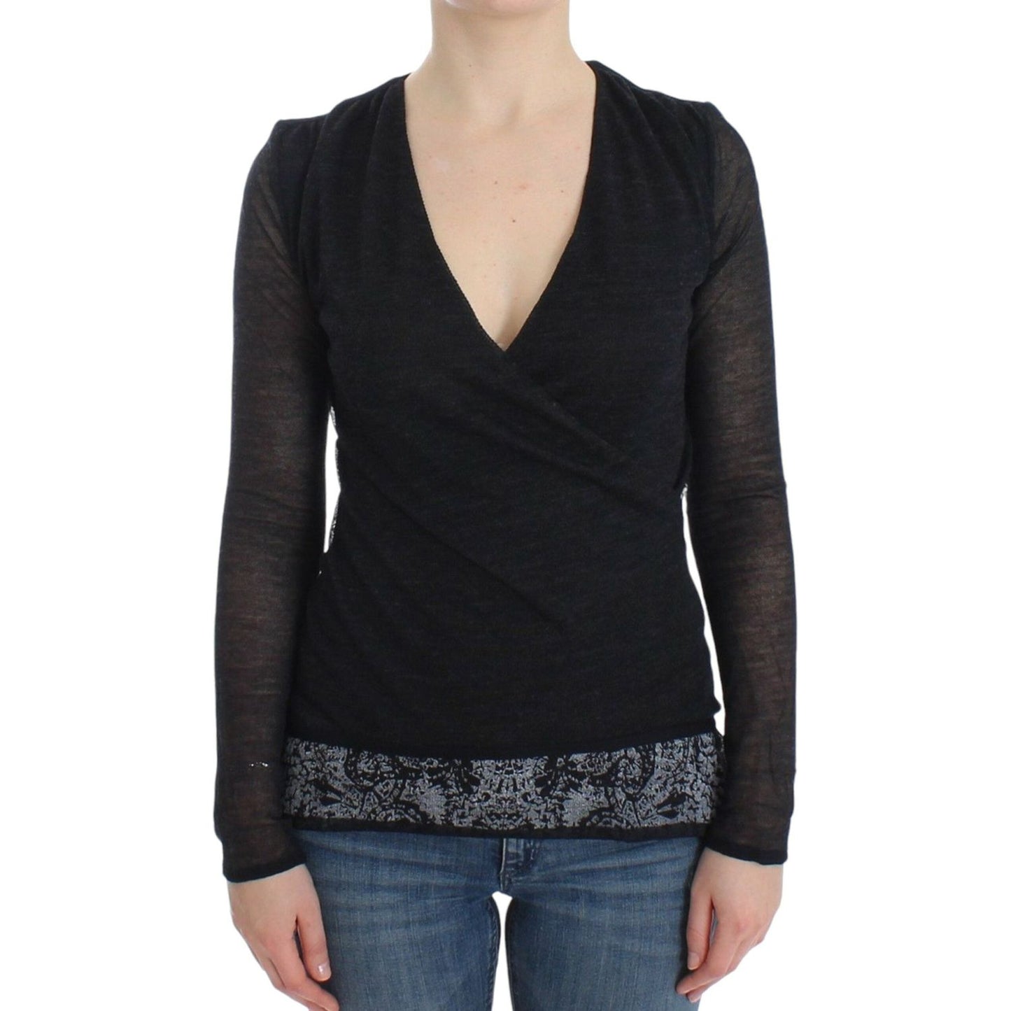 Ermanno Scervino Black Wool Blend Stretch Long Sleeve Sweater