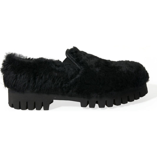 Dolce & Gabbana Black Fur Leather Slippers Dress Shoes MV5441-40
