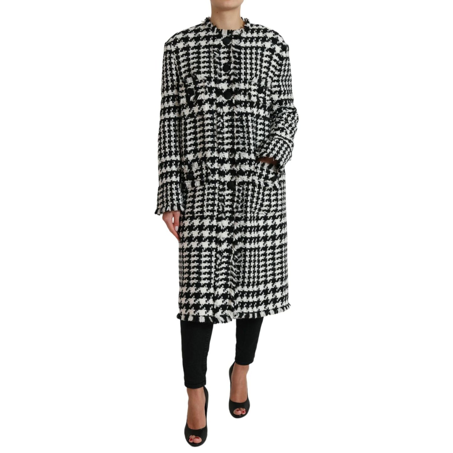 Dolce & Gabbana Black White Houndstooth Trench Coat Jacket 1728,67345645728,Black and White,Clothing,Dolce & Gabbana,IT40|S,Jackets & Coats - Clothing,Jackets & Coats - Women - Clothing,Material: 59% Acrylic 22% Cotton 10% Wool 6% Polyester 3% Other Fiber