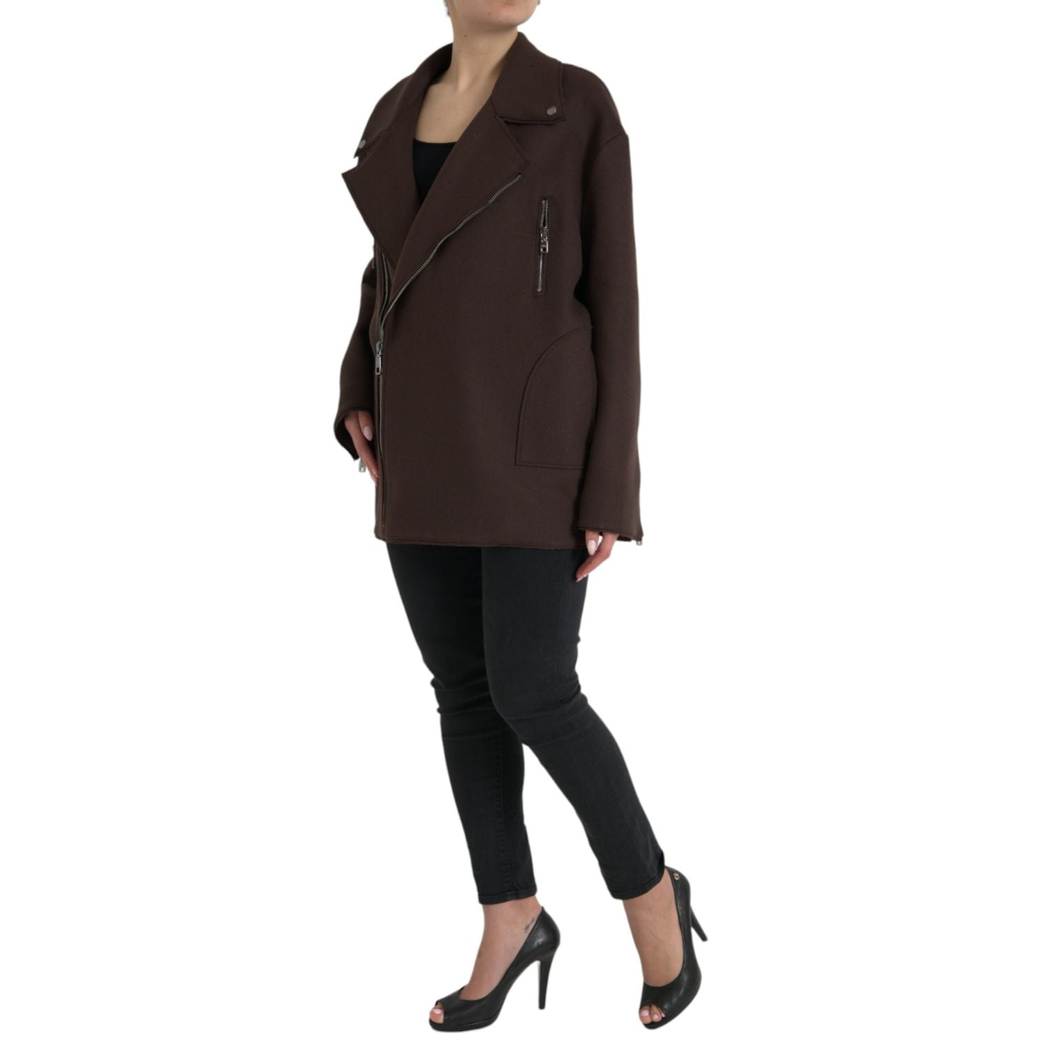 Dolce & Gabbana Brown Coat Short Biker Wool Jacket