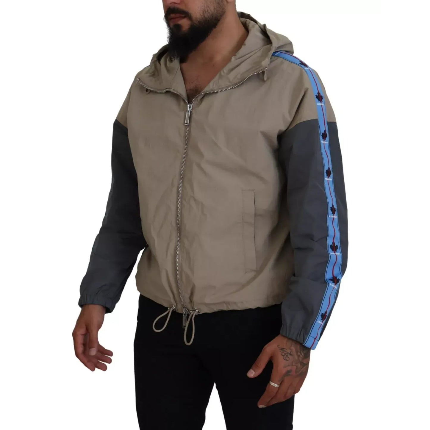 Dsquared² Brown Gray Sleeves Hooded Full Zip Jacket