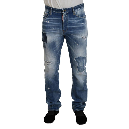Dsquared² Blue Washed Tattered Straight Fit Casual Denim Jeans