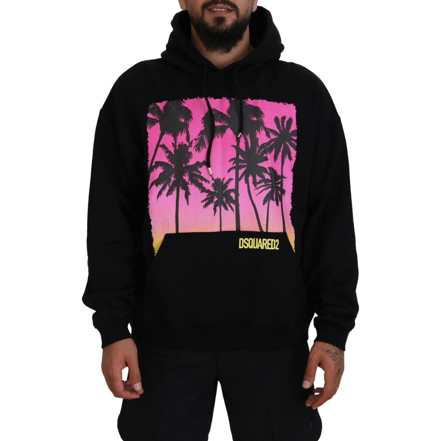 Dsquared² Black Cotton Hooded Printed Men Pullover Sweater
