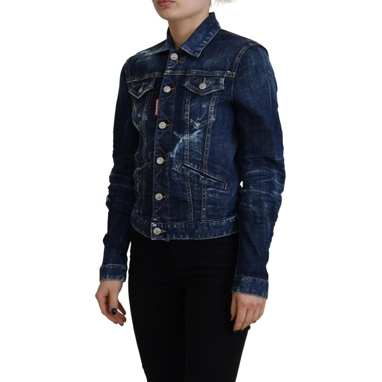 Dsquared² Blue Icon Printed Distressed Denim Jacket1728,67345645728,Blue,Clothing,Denim Jackets - Jackets & Coats - Clothing,Dsquared²,IT38 | XS,Jackets & Coats - Clothing,Jackets & Coats - Women - Clothing,Material: Cotton 98%,Preowned / Defect,Spandex/E