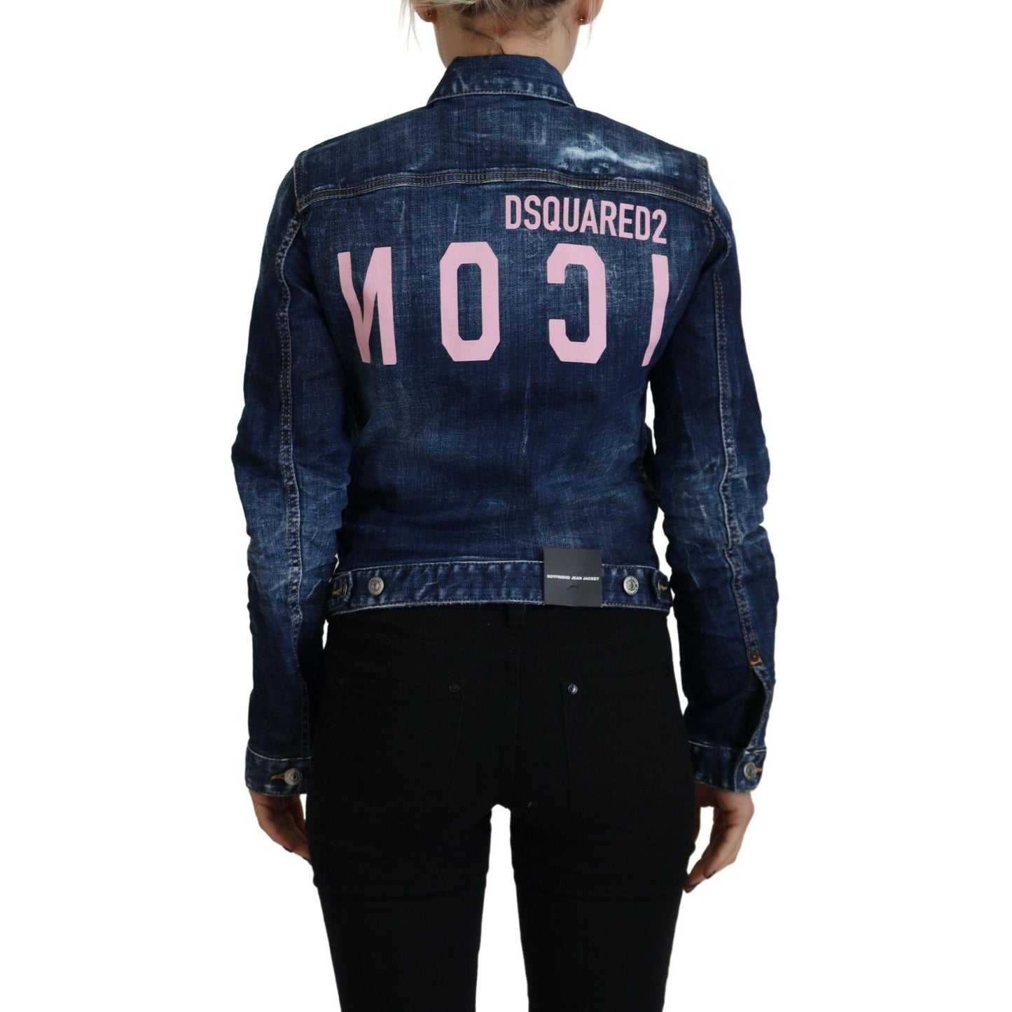 Dsquared² Blue Icon Printed Distressed Denim Jacket1728,67345645728,Blue,Clothing,Denim Jackets - Jackets & Coats - Clothing,Dsquared²,IT38 | XS,Jackets & Coats - Clothing,Jackets & Coats - Women - Clothing,Material: Cotton 98%,Preowned / Defect,Spandex/E