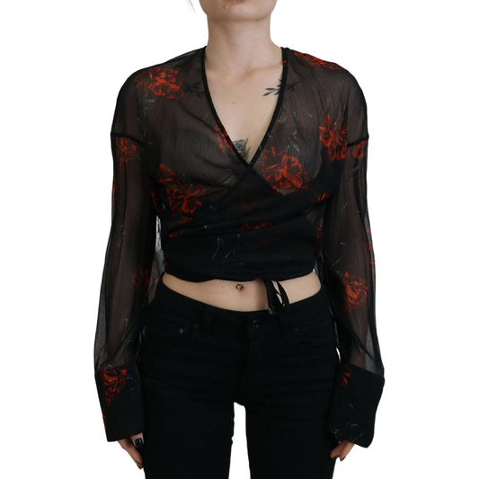 Dsquared² Black Floral Print Cropped Wrap Long Sleeves Top TSH83377-38