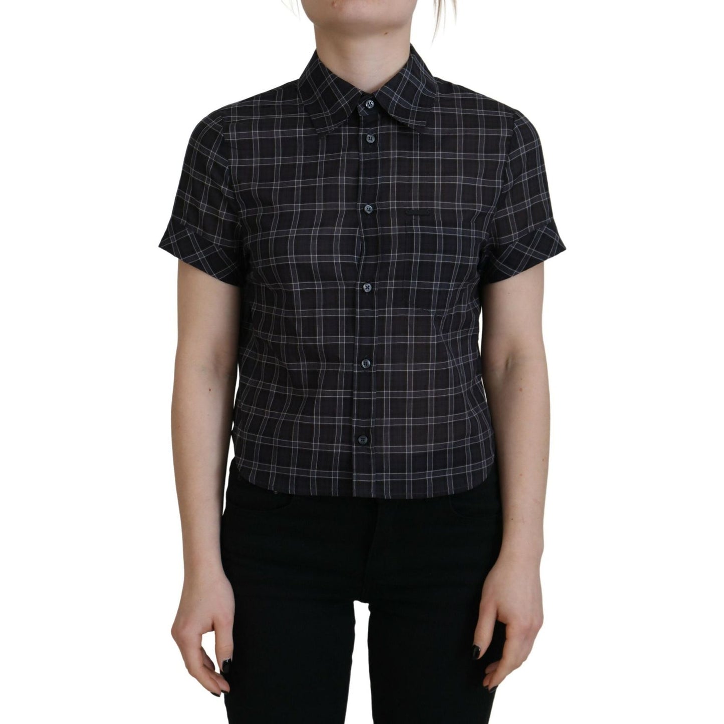 Dsquared² Black Checkered Collared Button Short Sleeves Top