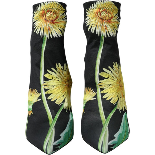 Dolce & Gabbana Black Floral Jersey Stretch Ankle Boots Shoes LA10619-39