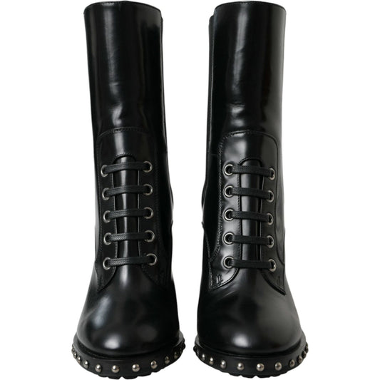 Dolce & Gabbana Black Leather Studded Lace Up Boots Shoes LA10927-36