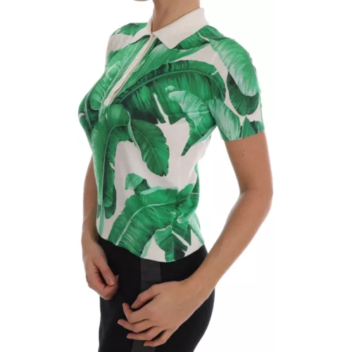 Dolce & Gabbana Green Banana Print Silk Polo T-shirt TSH1645-38