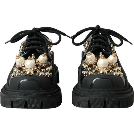 Dolce & Gabbana Black Leather Trekking Derby Embellished Shoes LA10843-35.5