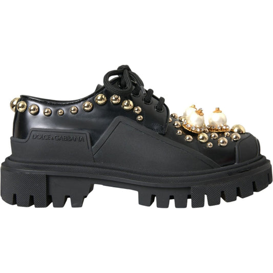 Dolce & Gabbana Black Leather Trekking Derby Embellished Shoes LA10843-35.5