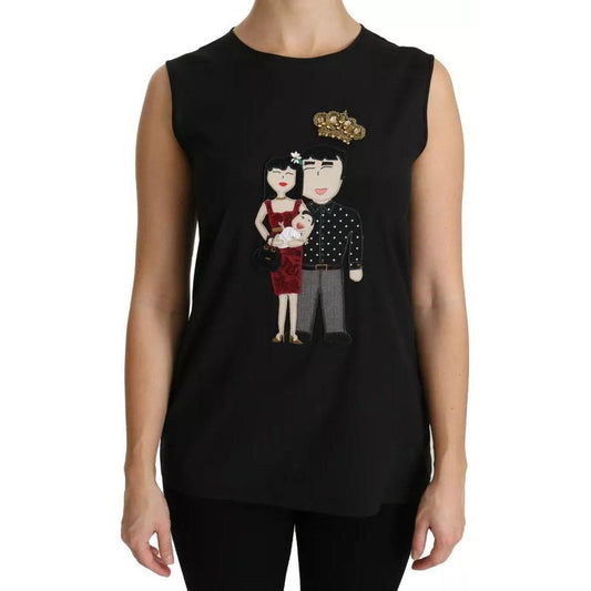 Dolce & Gabbana Black Silk DG Family Crystal Sleeveless Top TSH4291-40