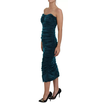 Dolce & Gabbana Silk Blend Blue Satin Fitted Strapless Dress