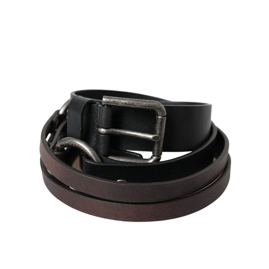 Dolce & Gabbana Black Brown Leather Silver Metal Buckle Belt