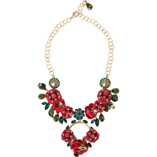 Dolce & Gabbana Gold Brass Link Chain RosePetal Crystal Pendant Necklace SMY10234