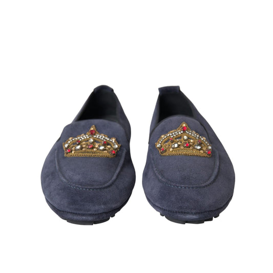 Dolce & Gabbana Blue Leather Suede Crystal Crown Loafers Shoes