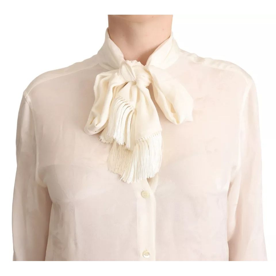 Dolce & Gabbana White Blouse Ascot Collar Shirt Silk Button Top