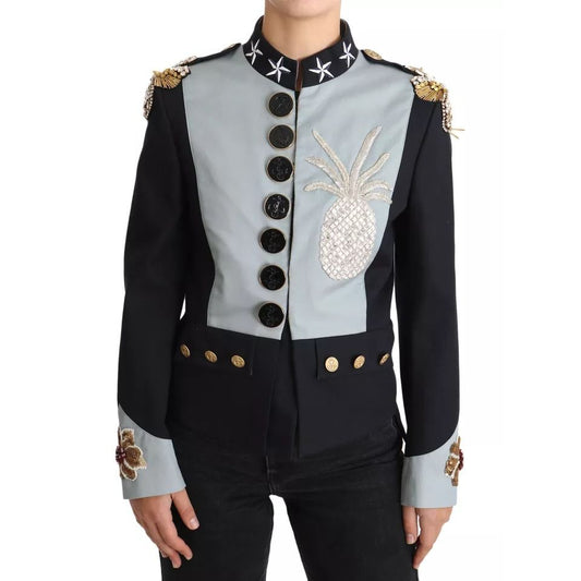 Dolce & Gabbana Blue Button Crystal Embellished Cotton Jacket 1728,67345645728,Blue,Cloaks - Jackets & Coats - Clothing,Clothing,Dolce & Gabbana,IT42|M,Jackets & Coats - Clothing,Jackets & Coats - Women - Clothing,Long Sleeve - T-Shirts - Clothing,Materia